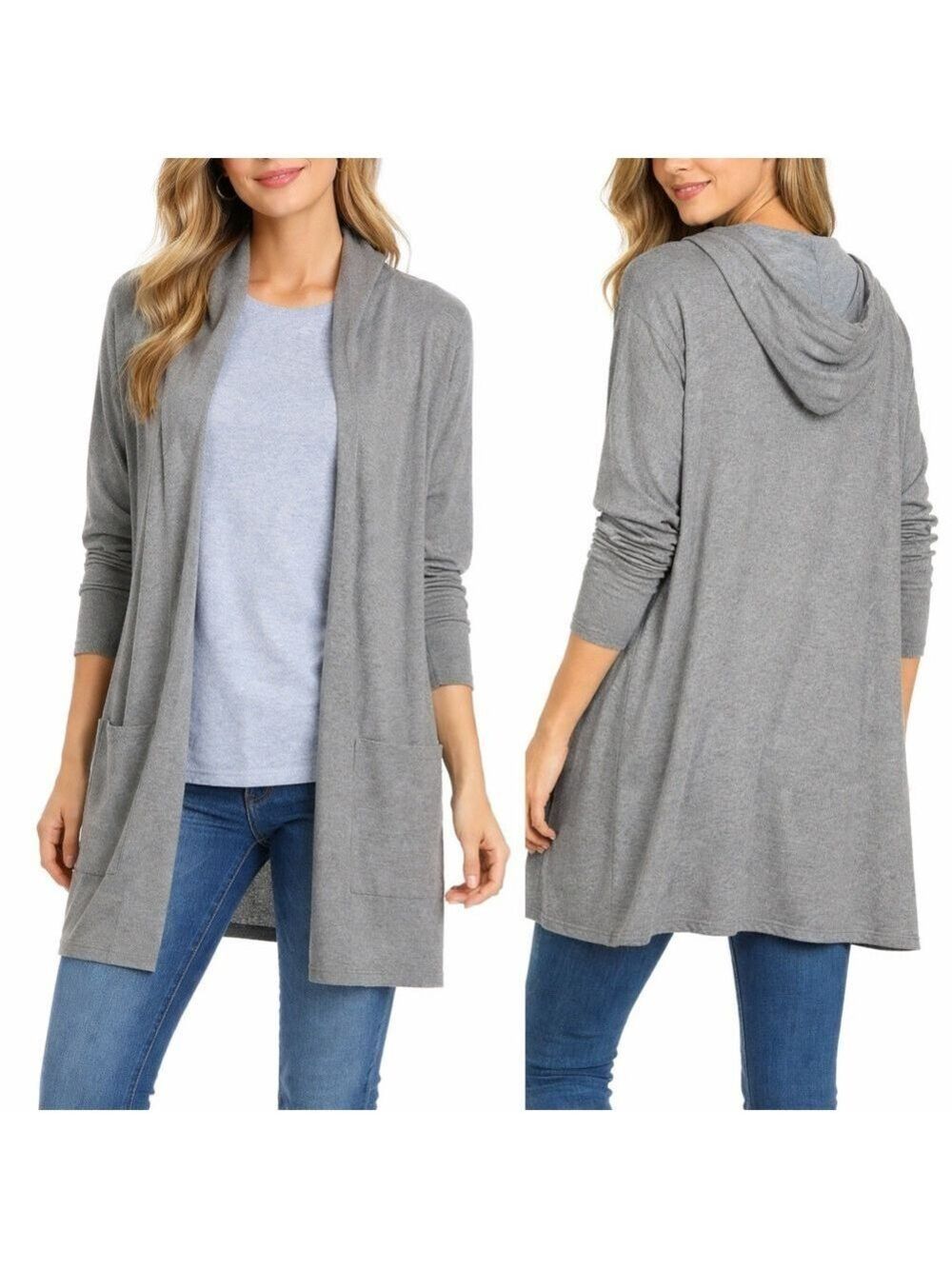 J. Jill Pure Jill Open Front Cotton Wool Gray Long Hooded Cardigan Pockets 1X
